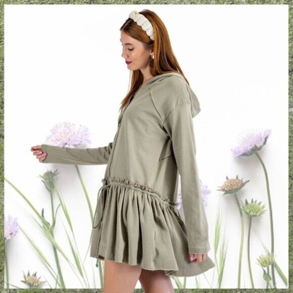 EASEL Lux Cotton Zip Front Hoodie Drawstring Waist Ruffled Trim Raw Seams SOFT! - Picture 6 of 10